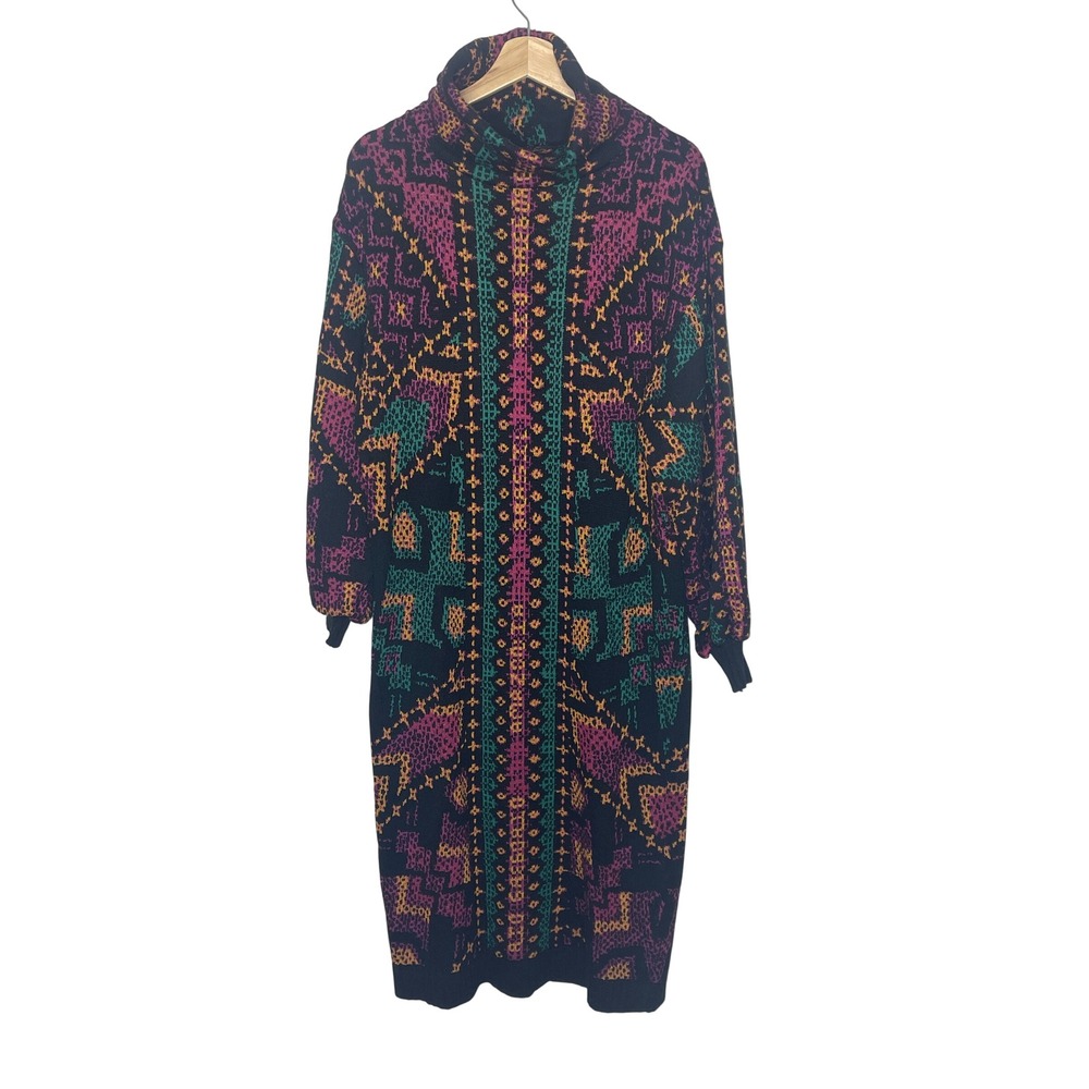 Farm Rio Womens Geometric Intarsia Knit Turtleneck Midi Dress Multicolor Size M